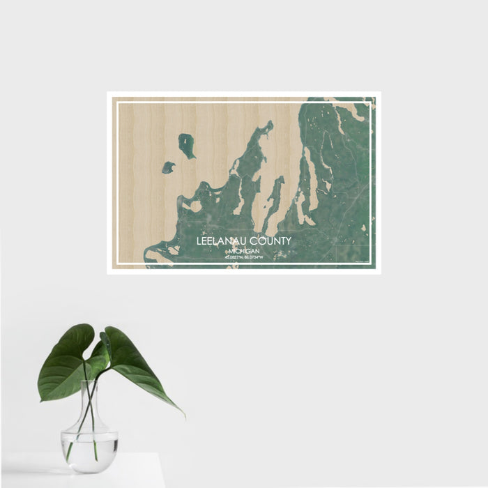 16x24 Leelanau County Michigan Map Print Landscape Orientation in Afternoon Style With Tropical Plant Leaves in Water
