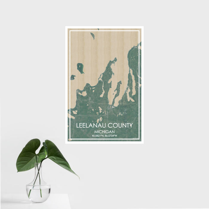 16x24 Leelanau County Michigan Map Print Portrait Orientation in Afternoon Style With Tropical Plant Leaves in Water