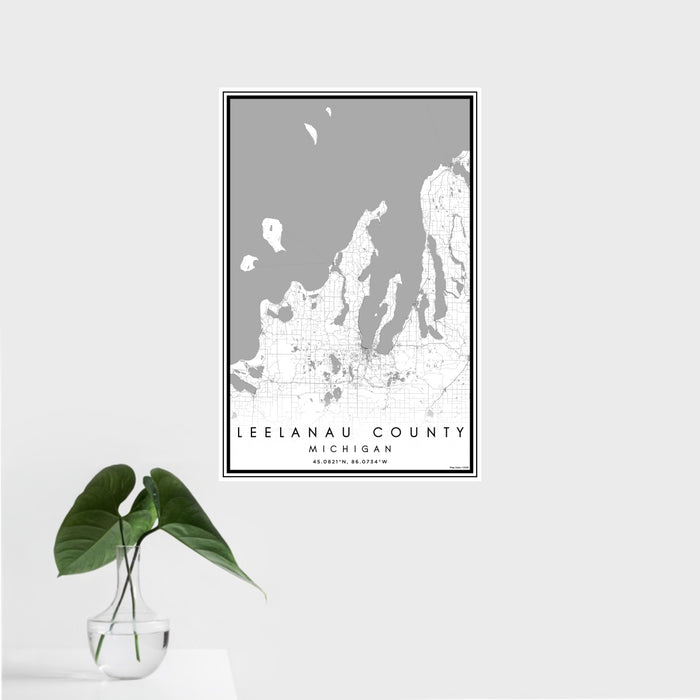 16x24 Leelanau County Michigan Map Print Portrait Orientation in Classic Style With Tropical Plant Leaves in Water