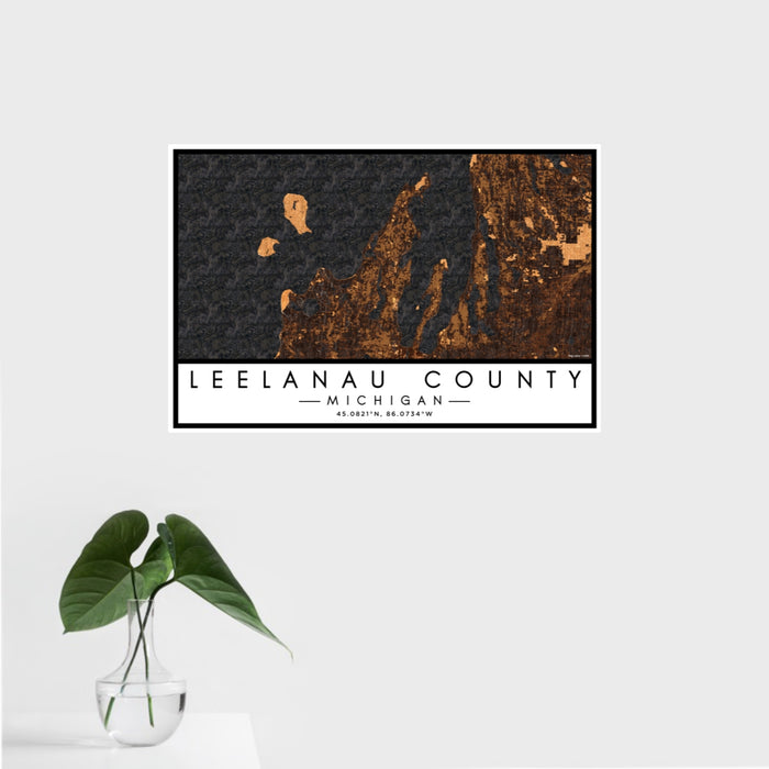 16x24 Leelanau County Michigan Map Print Landscape Orientation in Ember Style With Tropical Plant Leaves in Water