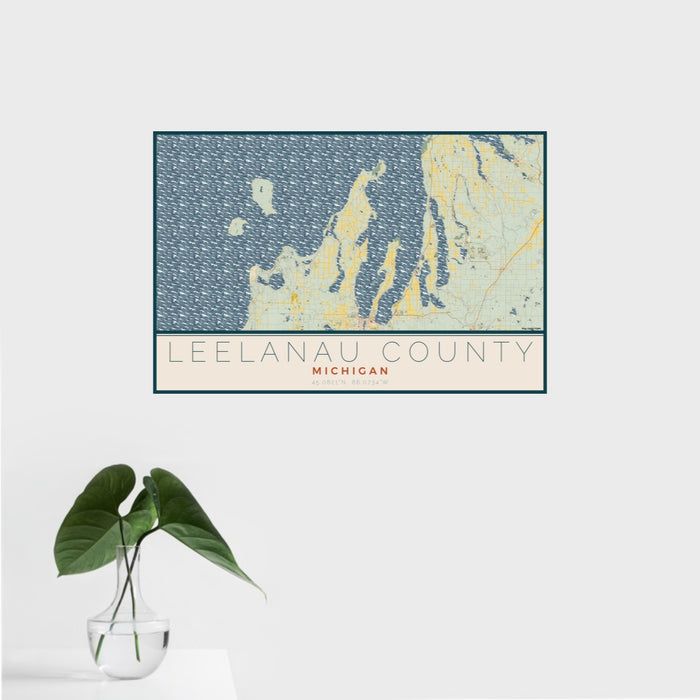 16x24 Leelanau County Michigan Map Print Landscape Orientation in Woodblock Style With Tropical Plant Leaves in Water