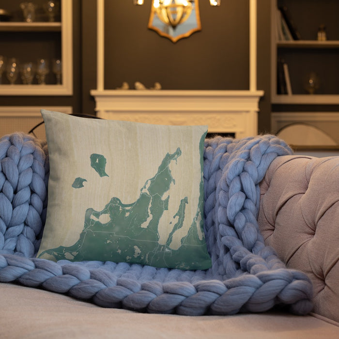 Custom Leelanau County Michigan Map Throw Pillow in Afternoon on Cream Colored Couch