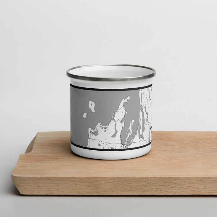 Front View Custom Leelanau County Michigan Map Enamel Mug in Classic on Cutting Board