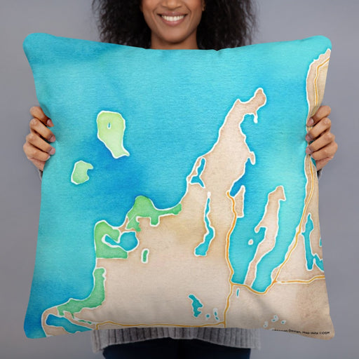 Person holding 22x22 Custom Leelanau County Michigan Map Throw Pillow in Watercolor