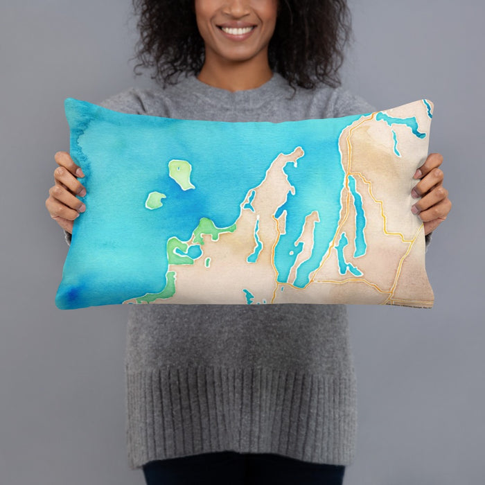 Person holding 20x12 Custom Leelanau County Michigan Map Throw Pillow in Watercolor