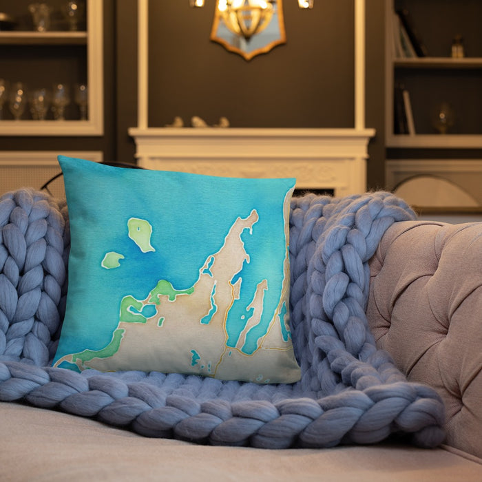 Custom Leelanau County Michigan Map Throw Pillow in Watercolor on Cream Colored Couch