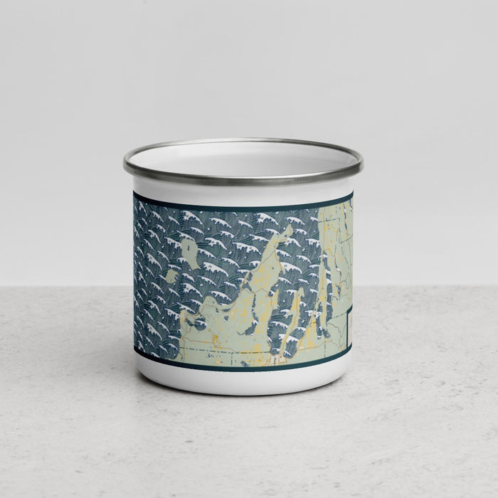 Front View Custom Leelanau County Michigan Map Enamel Mug in Woodblock
