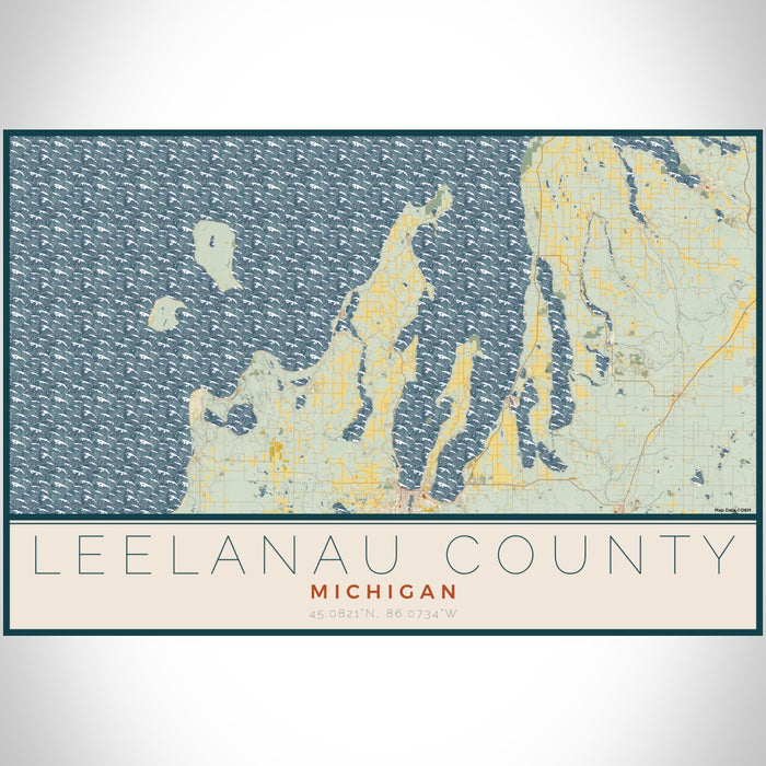 Leelanau County Michigan Map Print Landscape Orientation in Woodblock Style With Shaded Background