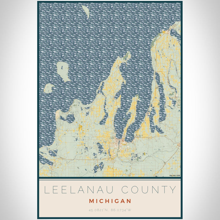 Leelanau County Michigan Map Print Portrait Orientation in Woodblock Style With Shaded Background