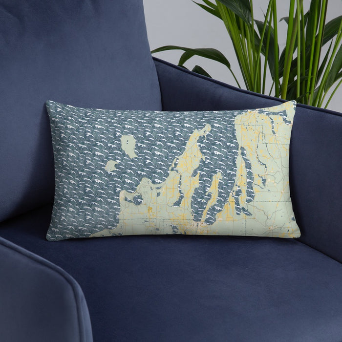 Custom Leelanau County Michigan Map Throw Pillow in Woodblock on Blue Colored Chair