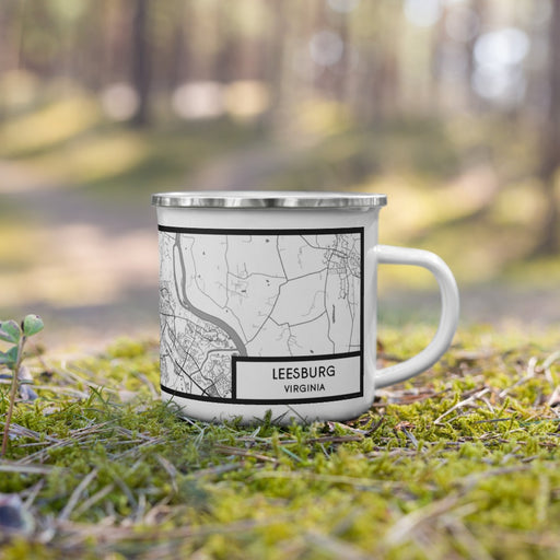 Right View Custom Leesburg Virginia Map Enamel Mug in Classic on Grass With Trees in Background