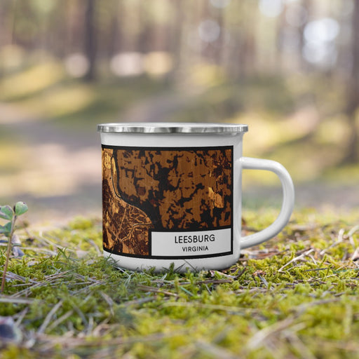 Right View Custom Leesburg Virginia Map Enamel Mug in Ember on Grass With Trees in Background