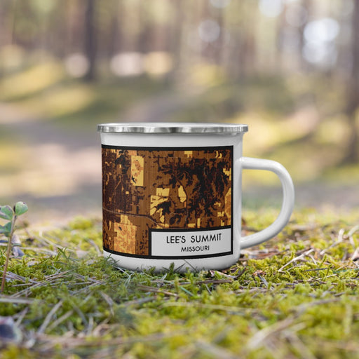 Right View Custom Lee's Summit Missouri Map Enamel Mug in Ember on Grass With Trees in Background