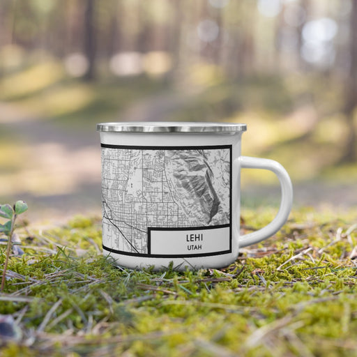 Right View Custom Lehi Utah Map Enamel Mug in Classic on Grass With Trees in Background