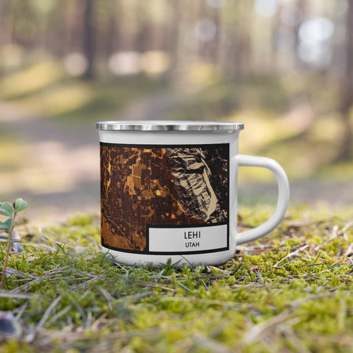 Right View Custom Lehi Utah Map Enamel Mug in Ember on Grass With Trees in Background