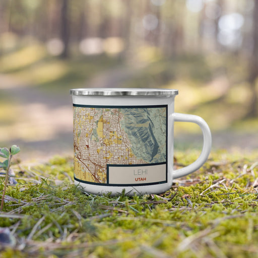 Right View Custom Lehi Utah Map Enamel Mug in Woodblock on Grass With Trees in Background