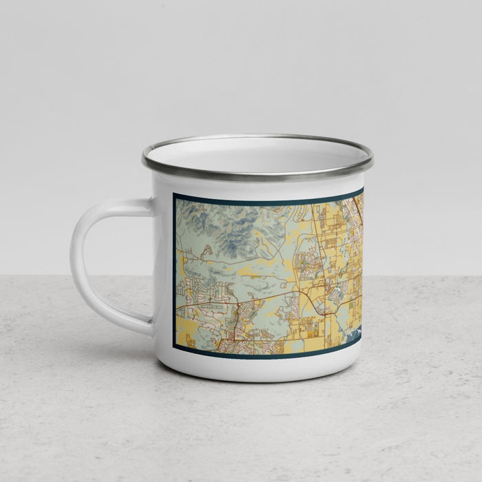 Left View Custom Lehi Utah Map Enamel Mug in Woodblock