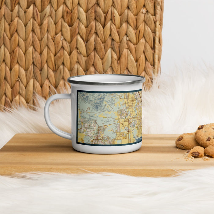 Left View Custom Lehi Utah Map Enamel Mug in Woodblock on Table Top