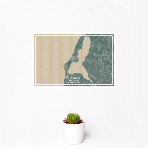 12x18 Leland Michigan Map Print Landscape Orientation in Afternoon Style With Small Cactus Plant in White Planter