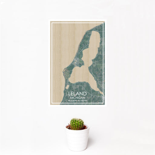 12x18 Leland Michigan Map Print Portrait Orientation in Afternoon Style With Small Cactus Plant in White Planter
