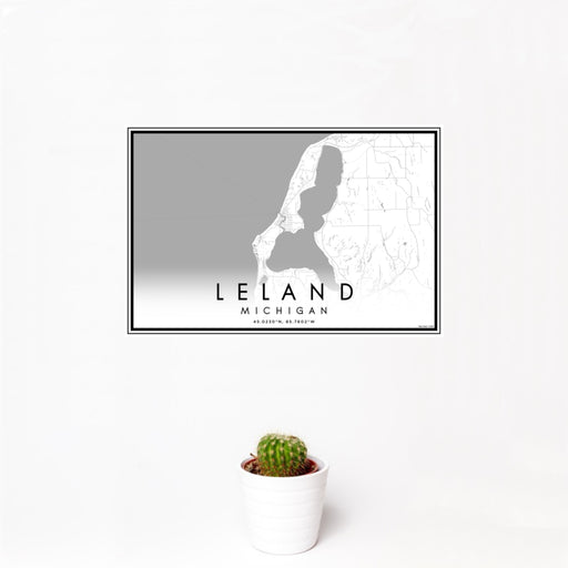 12x18 Leland Michigan Map Print Landscape Orientation in Classic Style With Small Cactus Plant in White Planter