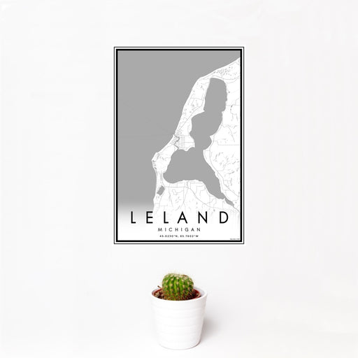 12x18 Leland Michigan Map Print Portrait Orientation in Classic Style With Small Cactus Plant in White Planter
