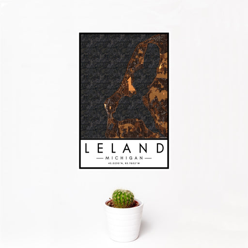 12x18 Leland Michigan Map Print Portrait Orientation in Ember Style With Small Cactus Plant in White Planter