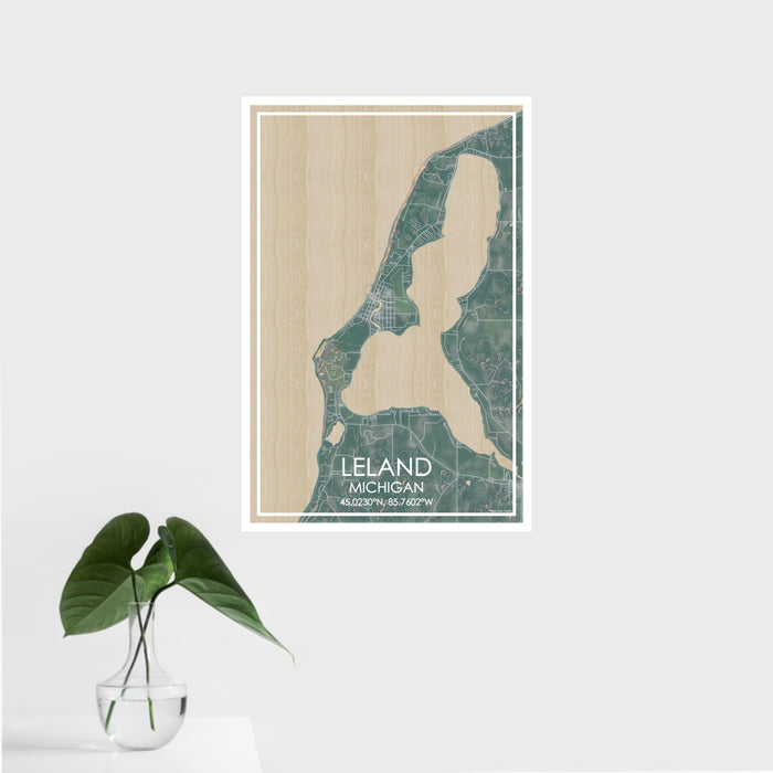 16x24 Leland Michigan Map Print Portrait Orientation in Afternoon Style With Tropical Plant Leaves in Water