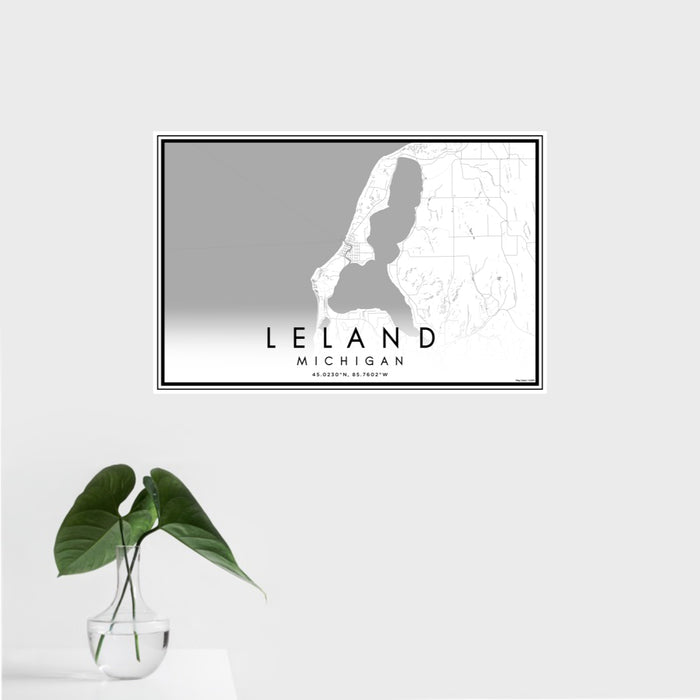 16x24 Leland Michigan Map Print Landscape Orientation in Classic Style With Tropical Plant Leaves in Water