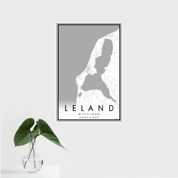 16x24 Leland Michigan Map Print Portrait Orientation in Classic Style With Tropical Plant Leaves in Water