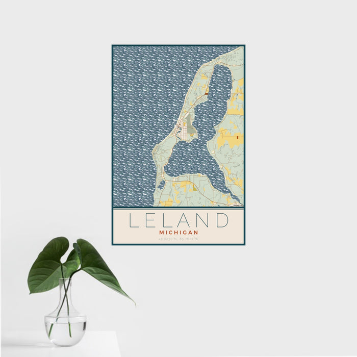 16x24 Leland Michigan Map Print Portrait Orientation in Woodblock Style With Tropical Plant Leaves in Water