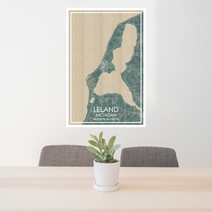24x36 Leland Michigan Map Print Portrait Orientation in Afternoon Style Behind 2 Chairs Table and Potted Plant