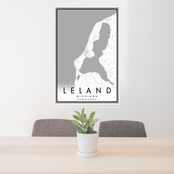 24x36 Leland Michigan Map Print Portrait Orientation in Classic Style Behind 2 Chairs Table and Potted Plant