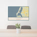 24x36 Leland Michigan Map Print Lanscape Orientation in Woodblock Style Behind 2 Chairs Table and Potted Plant