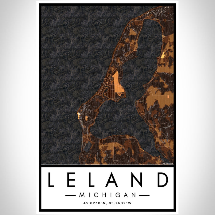 Leland Michigan Map Print Portrait Orientation in Ember Style With Shaded Background