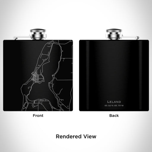 Rendered View of Leland Michigan Map Engraving on 6oz Stainless Steel Flask in Black