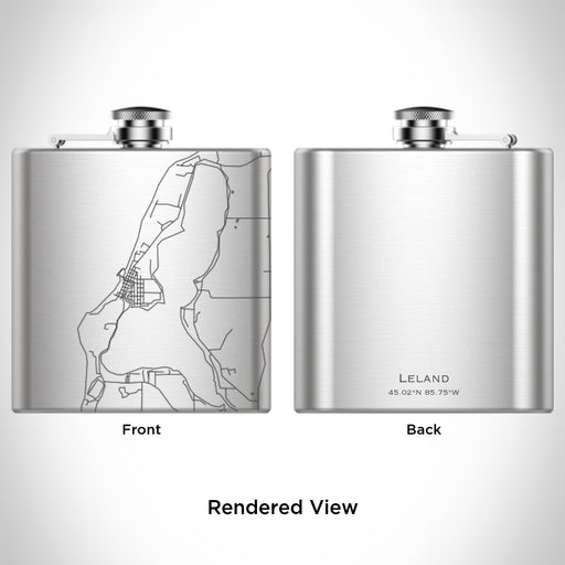 Rendered View of Leland Michigan Map Engraving on 6oz Stainless Steel Flask