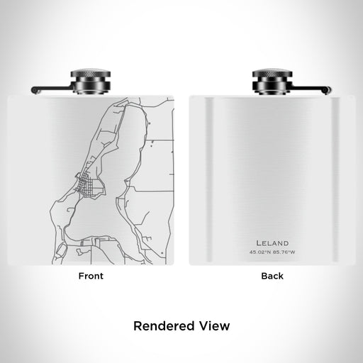 Rendered View of Leland Michigan Map Engraving on 6oz Stainless Steel Flask in White