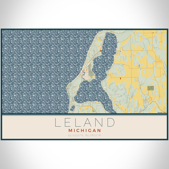 Leland Michigan Map Print Landscape Orientation in Woodblock Style With Shaded Background