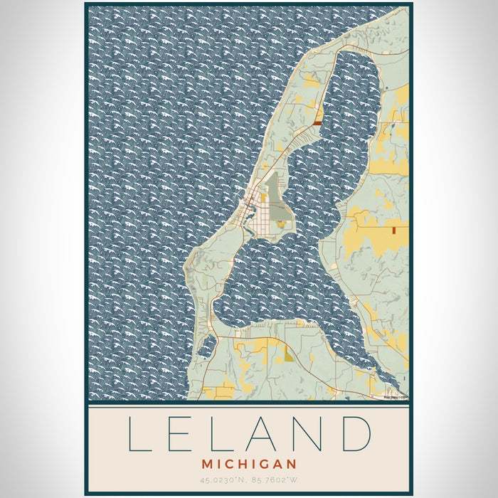 Leland Michigan Map Print Portrait Orientation in Woodblock Style With Shaded Background