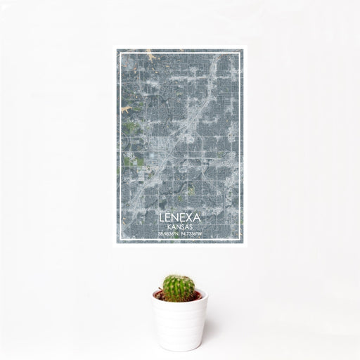 12x18 Lenexa Kansas Map Print Portrait Orientation in Afternoon Style With Small Cactus Plant in White Planter