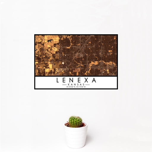12x18 Lenexa Kansas Map Print Landscape Orientation in Ember Style With Small Cactus Plant in White Planter