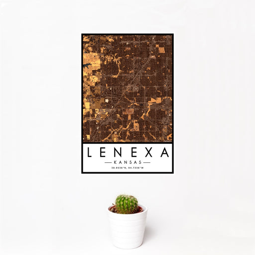 12x18 Lenexa Kansas Map Print Portrait Orientation in Ember Style With Small Cactus Plant in White Planter