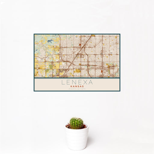 12x18 Lenexa Kansas Map Print Landscape Orientation in Woodblock Style With Small Cactus Plant in White Planter