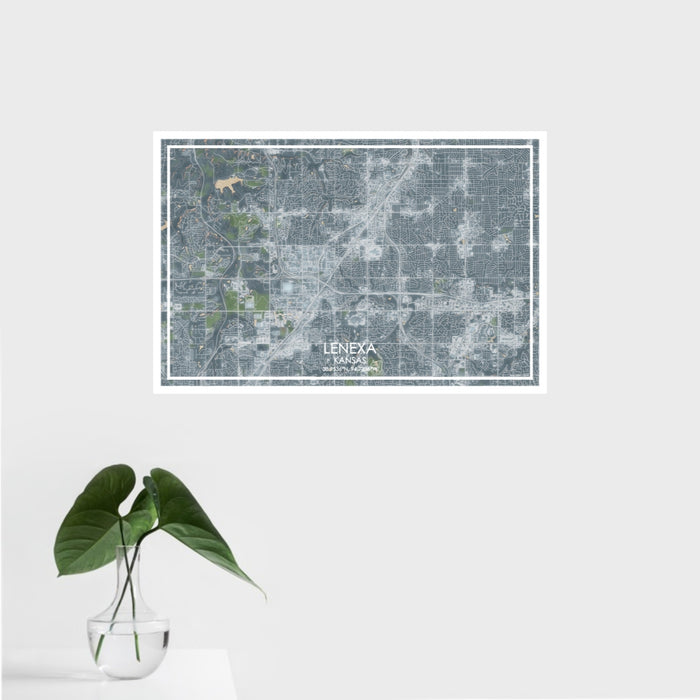 16x24 Lenexa Kansas Map Print Landscape Orientation in Afternoon Style With Tropical Plant Leaves in Water