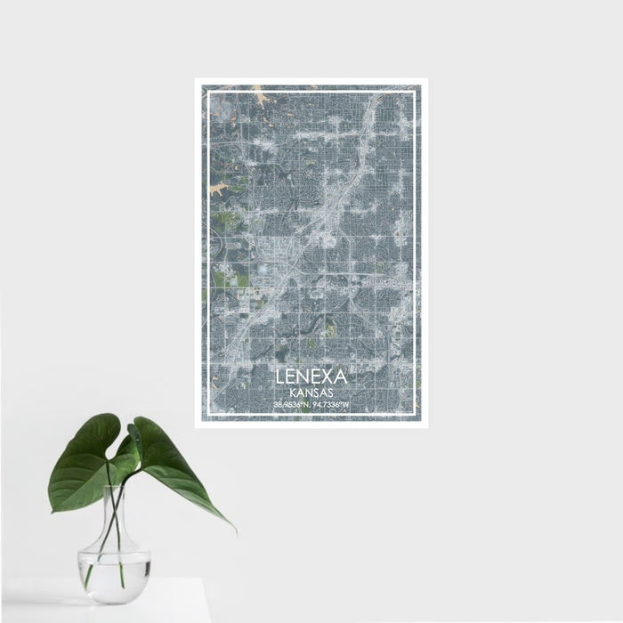 16x24 Lenexa Kansas Map Print Portrait Orientation in Afternoon Style With Tropical Plant Leaves in Water