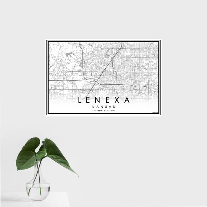 16x24 Lenexa Kansas Map Print Landscape Orientation in Classic Style With Tropical Plant Leaves in Water