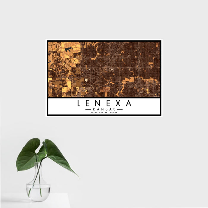 16x24 Lenexa Kansas Map Print Landscape Orientation in Ember Style With Tropical Plant Leaves in Water