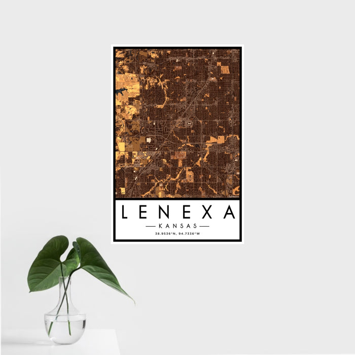 16x24 Lenexa Kansas Map Print Portrait Orientation in Ember Style With Tropical Plant Leaves in Water