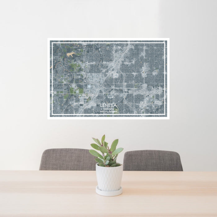 24x36 Lenexa Kansas Map Print Lanscape Orientation in Afternoon Style Behind 2 Chairs Table and Potted Plant